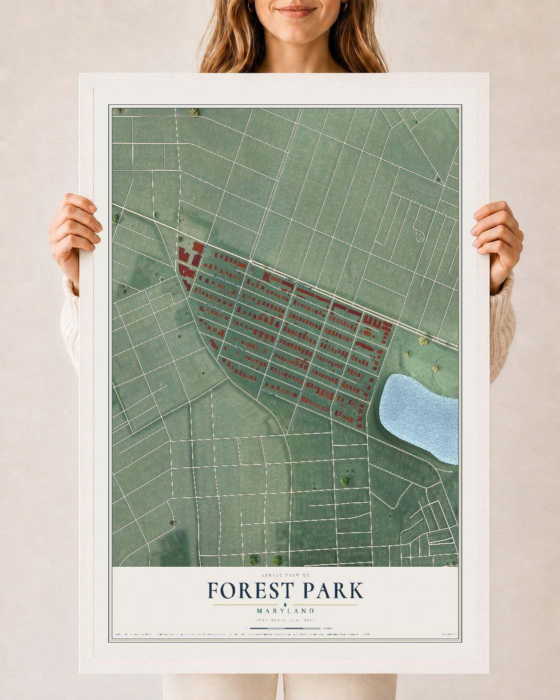 Map of Forest Park, Maryland, 24 x 36 inch print in a white wood frame