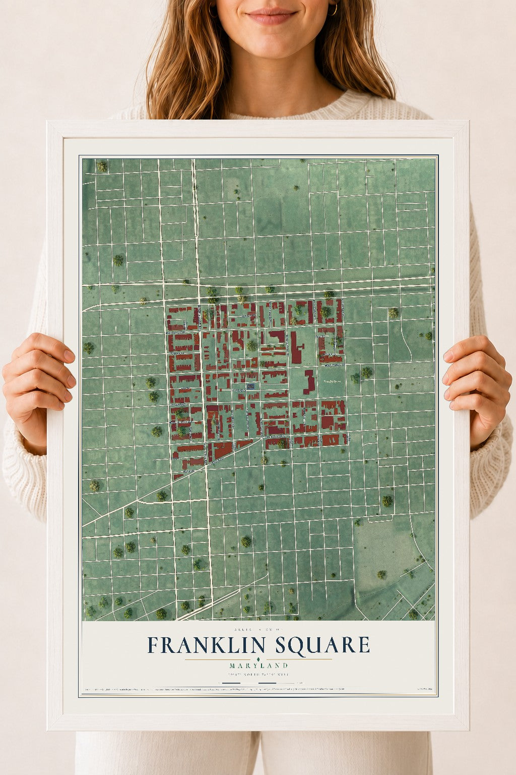 Map of Franklin Square, Maryland, 18 x 24 inch print in a white wood frame