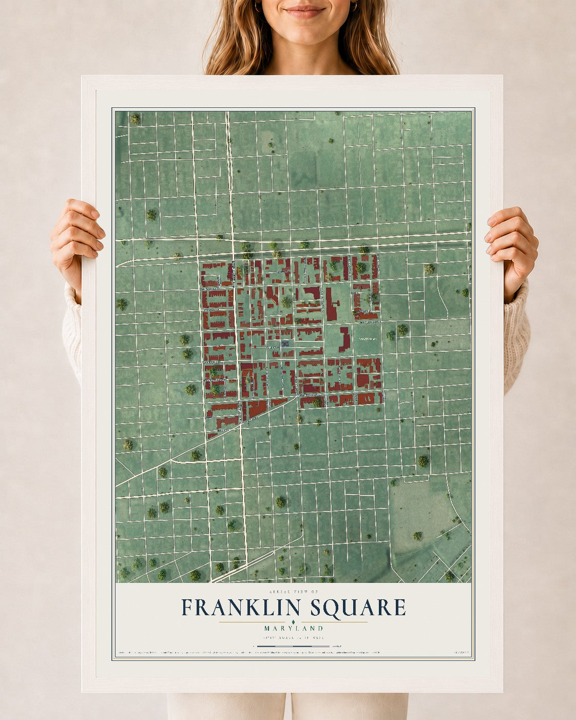 Map of Franklin Square, Maryland, 24 x 36 inch print in a white wood frame