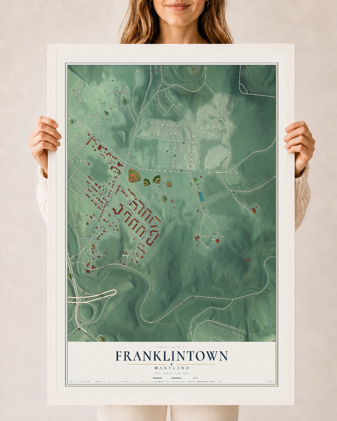 Map of Franklintown, Maryland, 24 x 36 inch print in a white wood frame