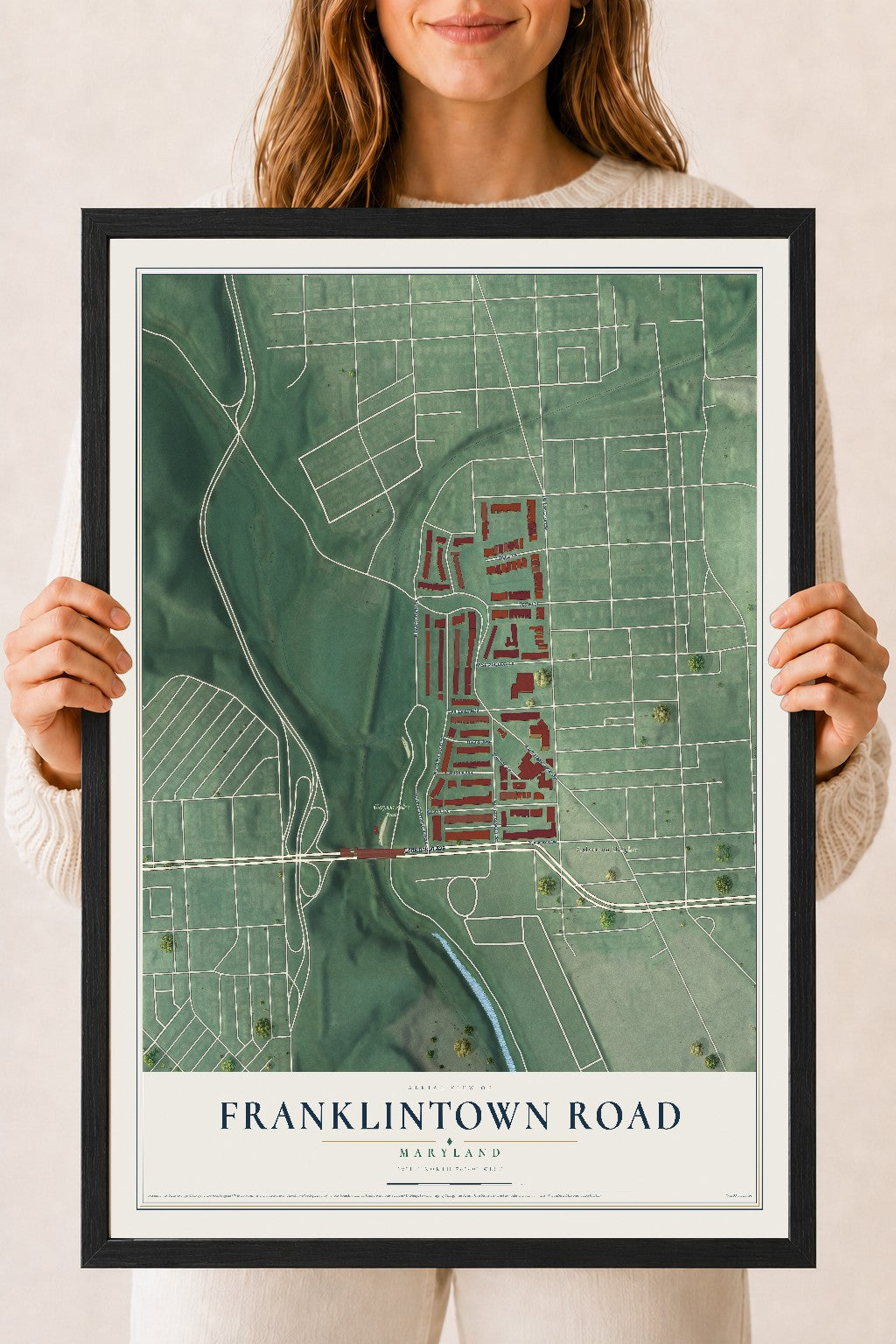 Map of Franklintown Road, Maryland, 18 x 24 inch print in a black wood frame
