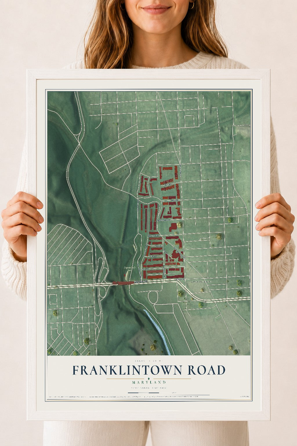 Map of Franklintown Road, Maryland, 18 x 24 inch print in a white wood frame