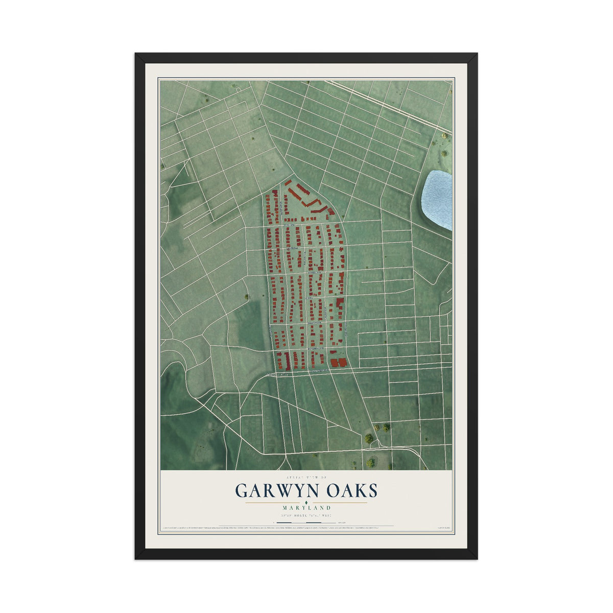 Map of Garwyn Oaks, Maryland, 12 x 18 inch print in a black wood frame
