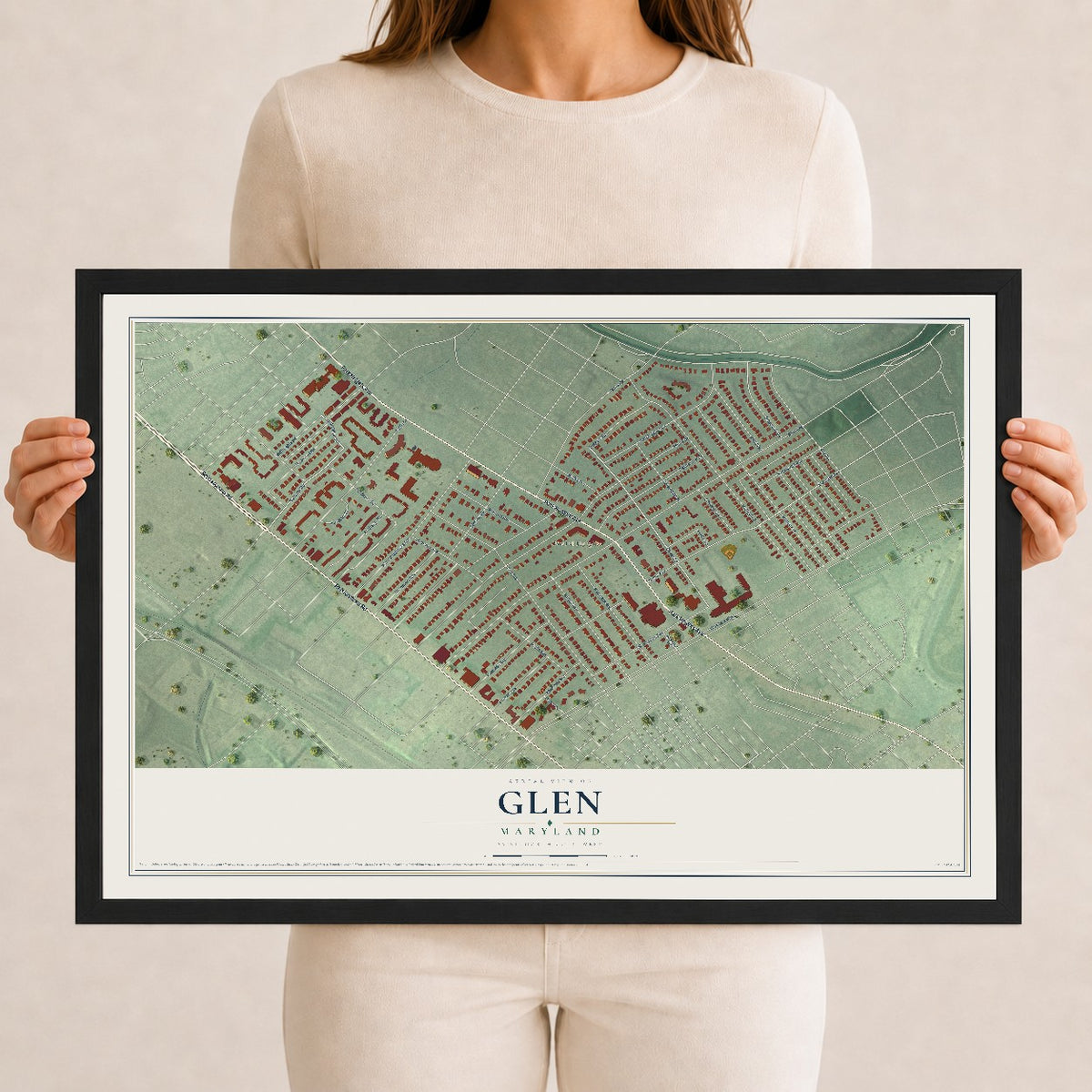 Map of Glen, Maryland, 12 x 18 inch print in a black wood frame