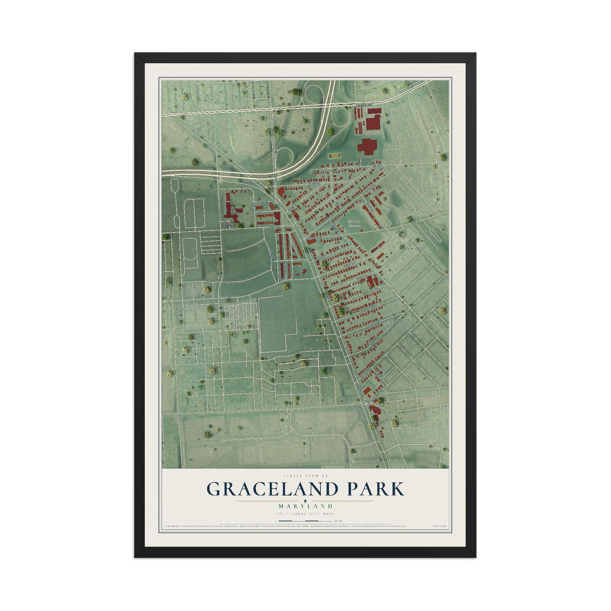 Map of Graceland Park, Maryland, 12 x 18 inch print in a black wood frame