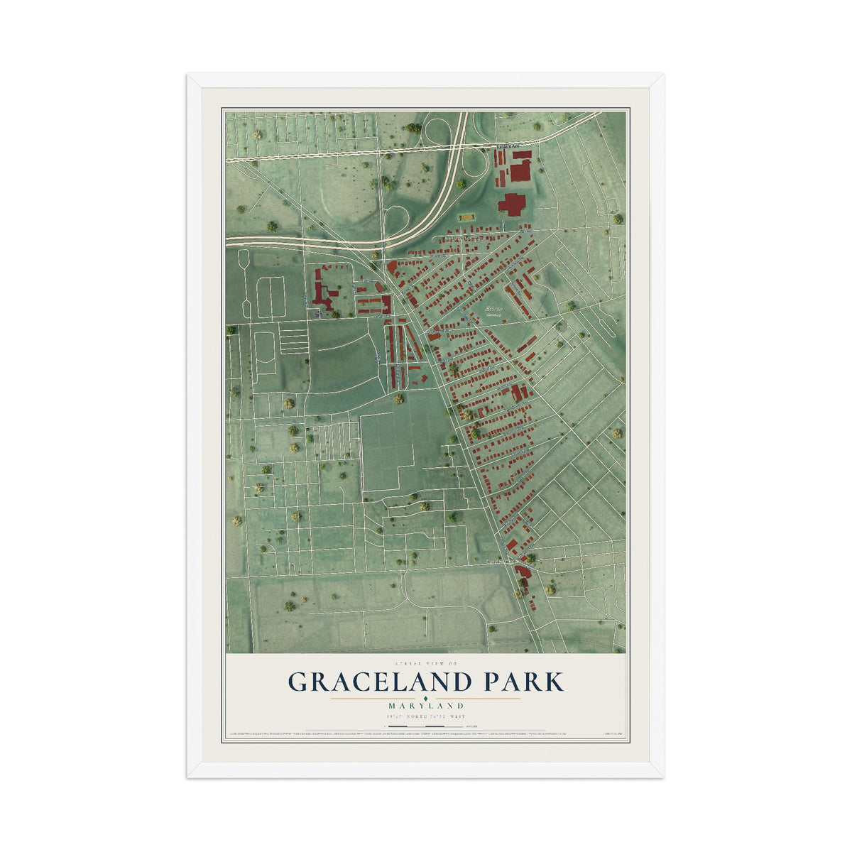 Map of Graceland Park, Maryland, 12 x 18 inch print in a white wood frame