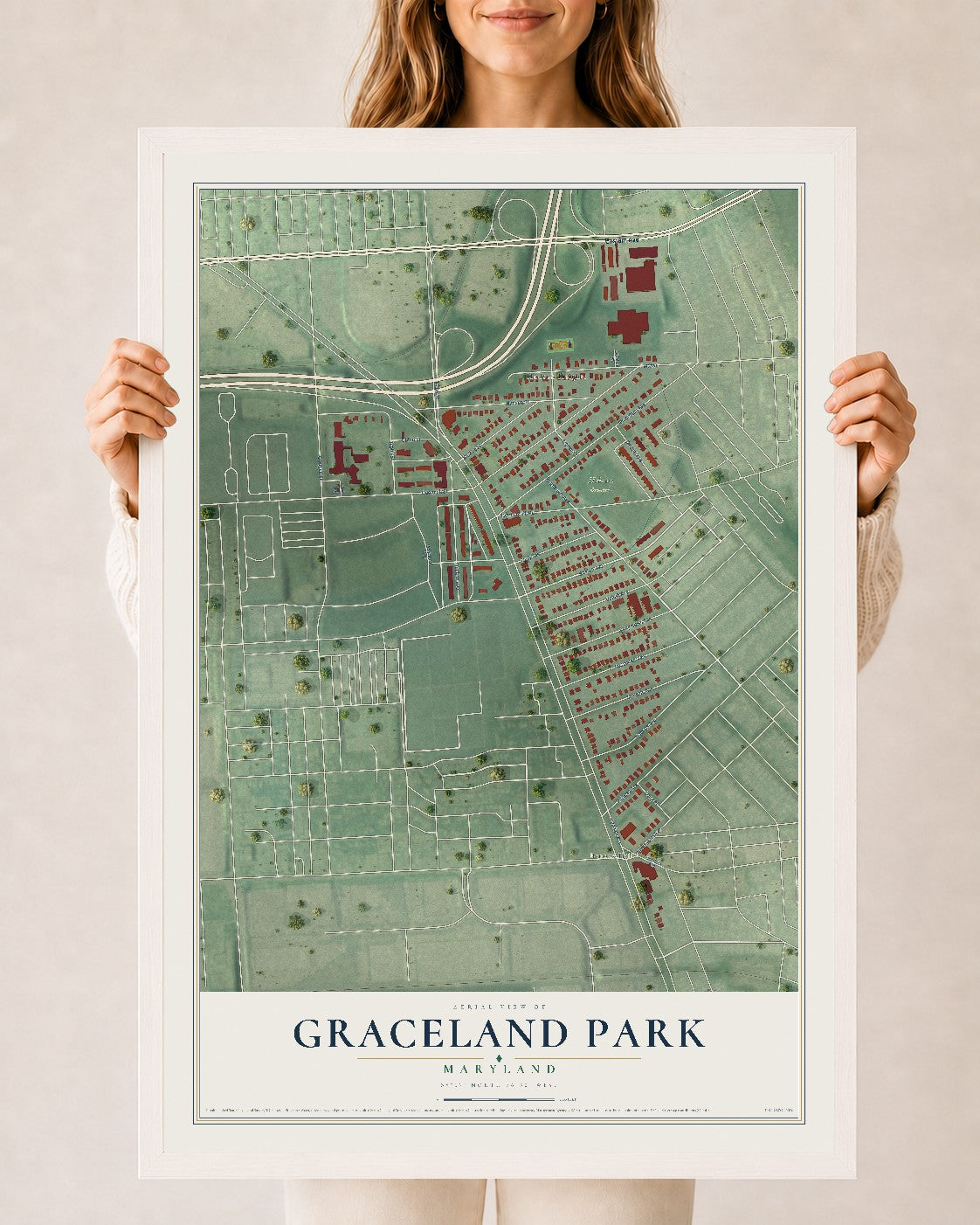 Map of Graceland Park, Maryland, 24 x 36 inch print in a white wood frame