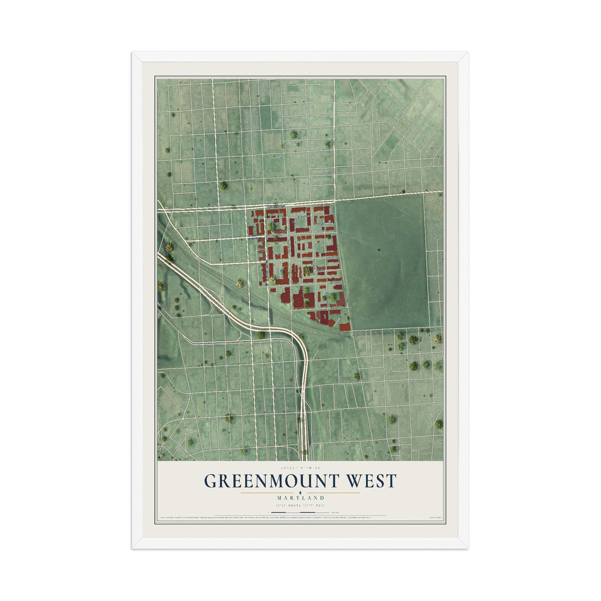 Map of Greenmount West, Maryland, 12 x 18 inch print in a white wood frame