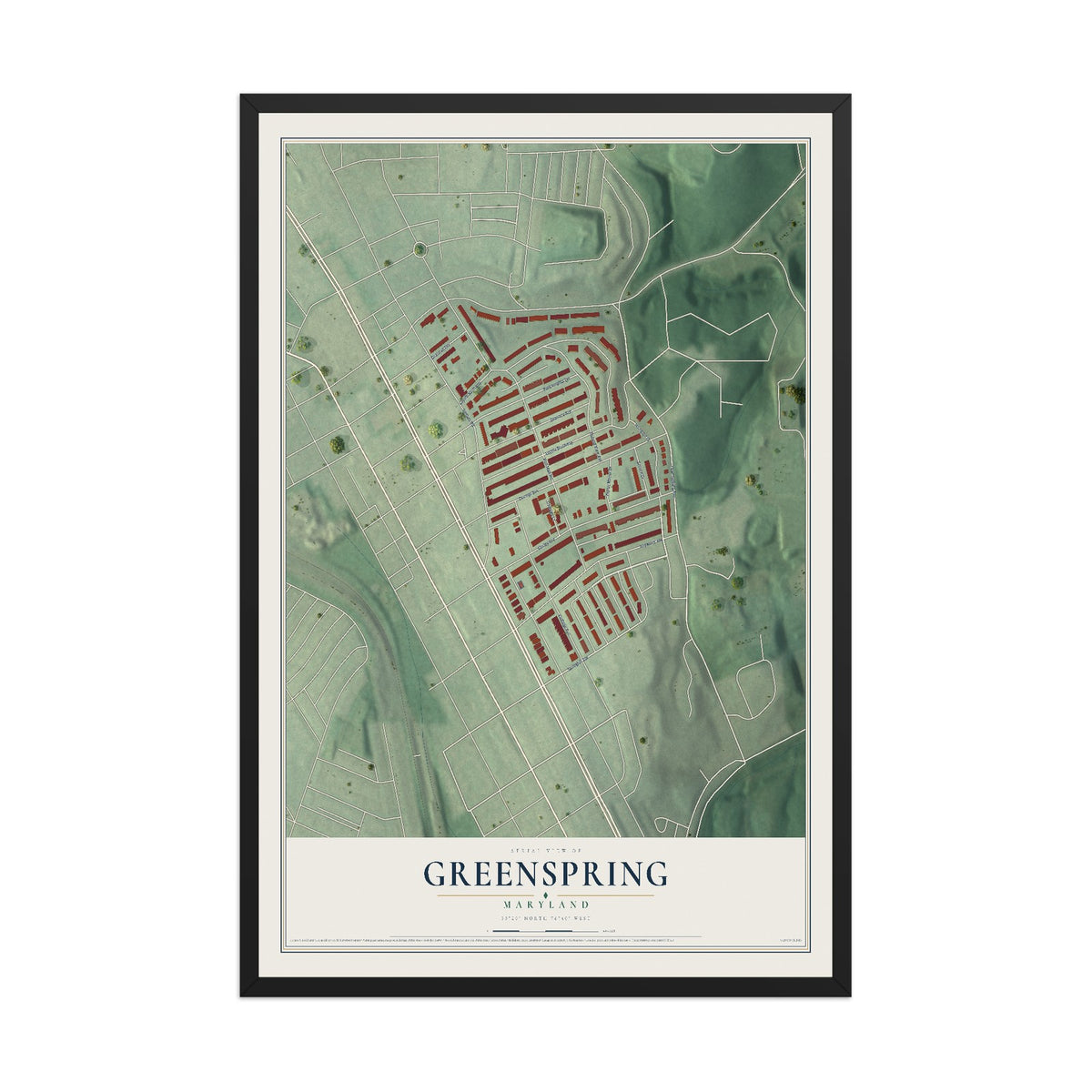Map of Greenspring, Maryland, 12 x 18 inch print in a black wood frame