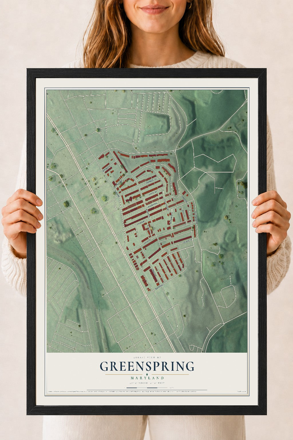 Map of Greenspring, Maryland, 18 x 24 inch print in a black wood frame