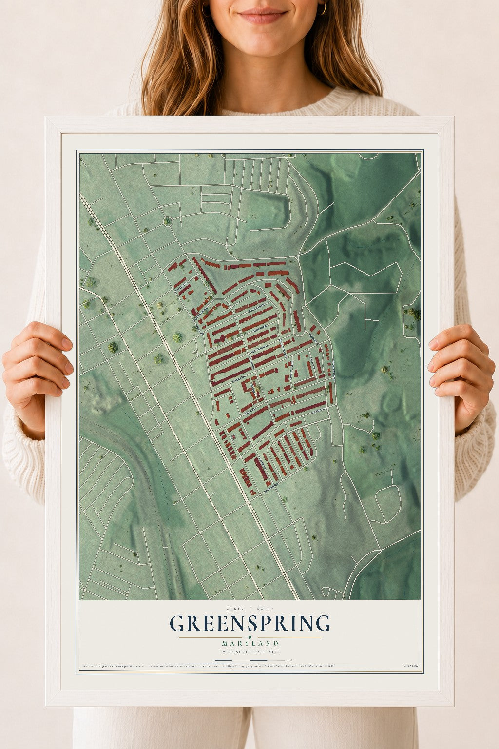 Map of Greenspring, Maryland, 18 x 24 inch print in a white wood frame