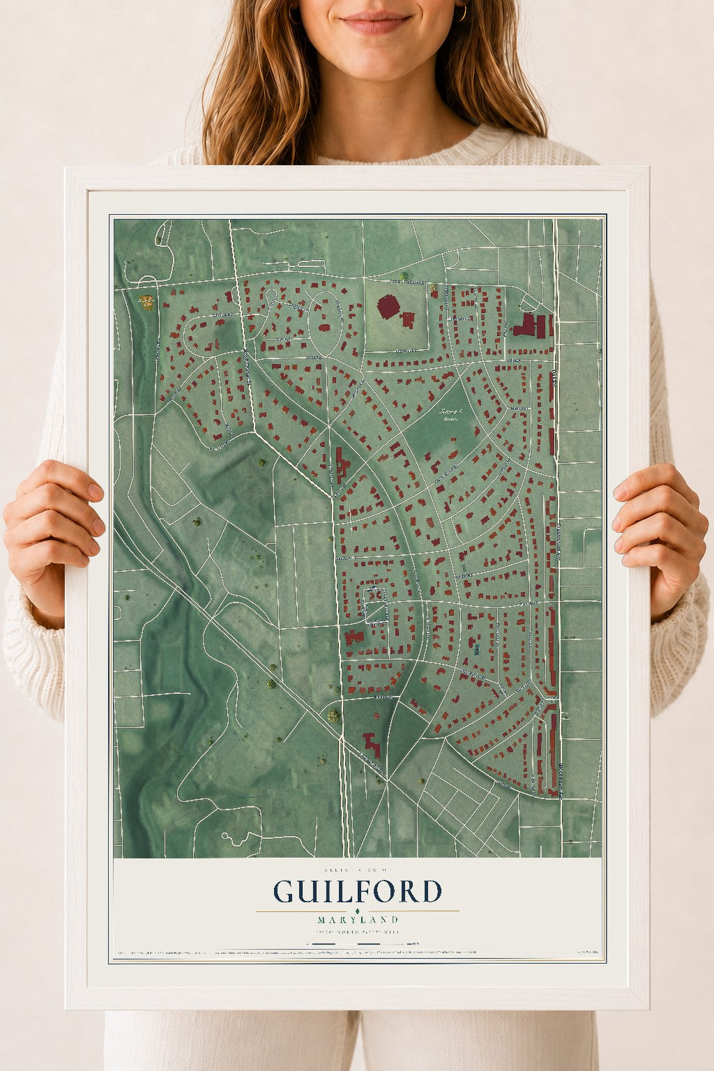 Map of Guilford, Maryland, 18 x 24 inch print in a white wood frame