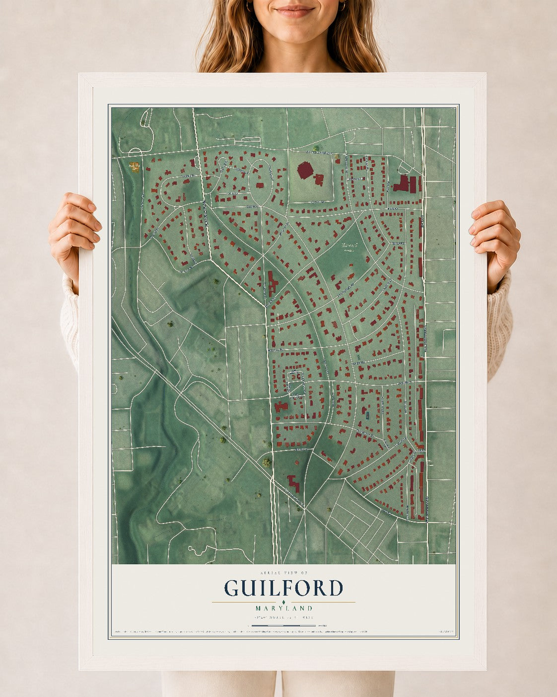 Map of Guilford, Maryland, 24 x 36 inch print in a white wood frame