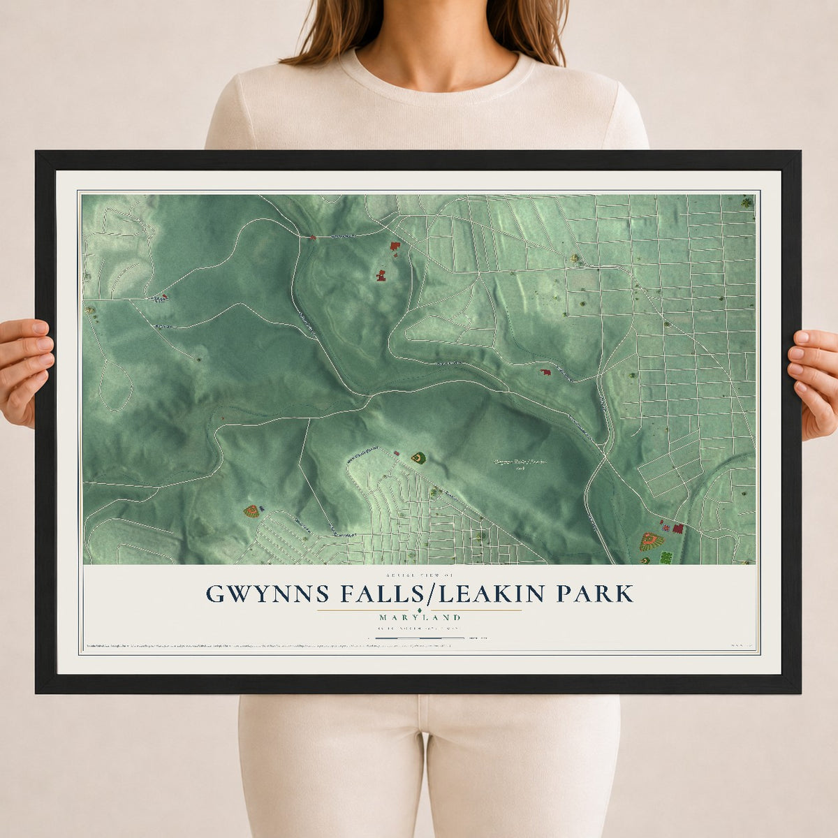 Map of Gwynns Falls-Leakin Park, Maryland, 18 x 24 inch print in a black wood frame