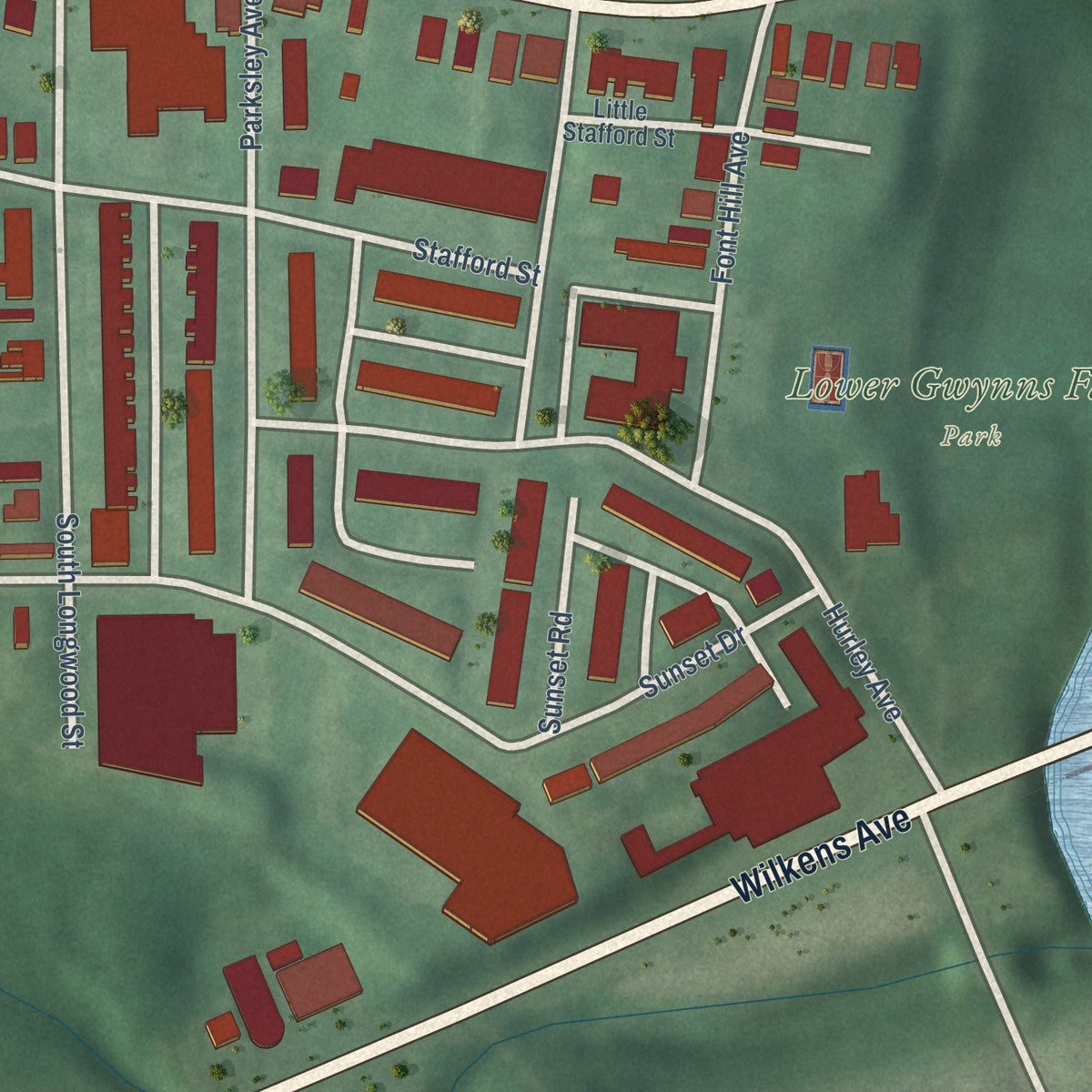 Close-up of the map of Gwynns Falls, Maryland print showing street and building detail