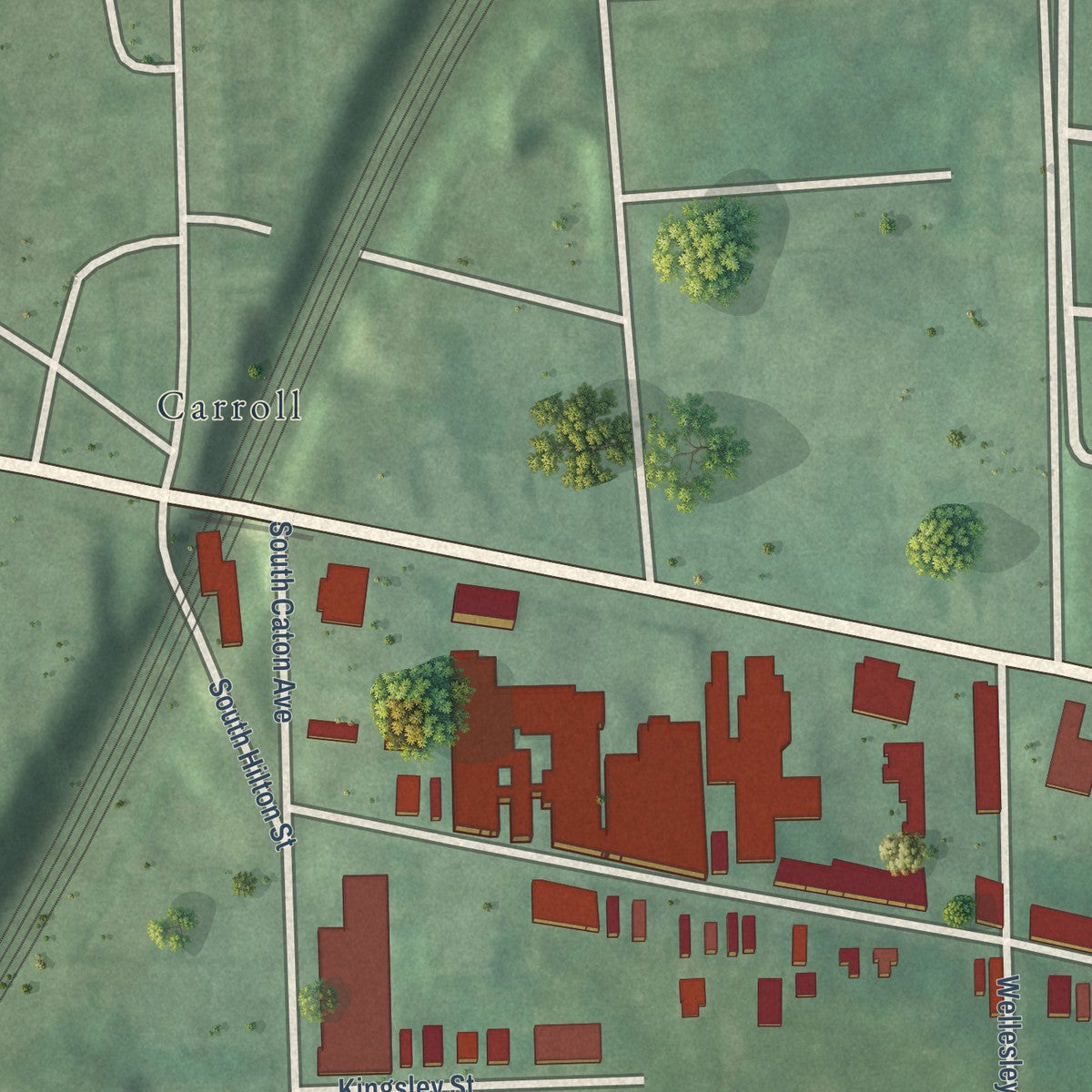 Second close-up of the map of Gwynns Falls, Maryland print showing more streets and buildings