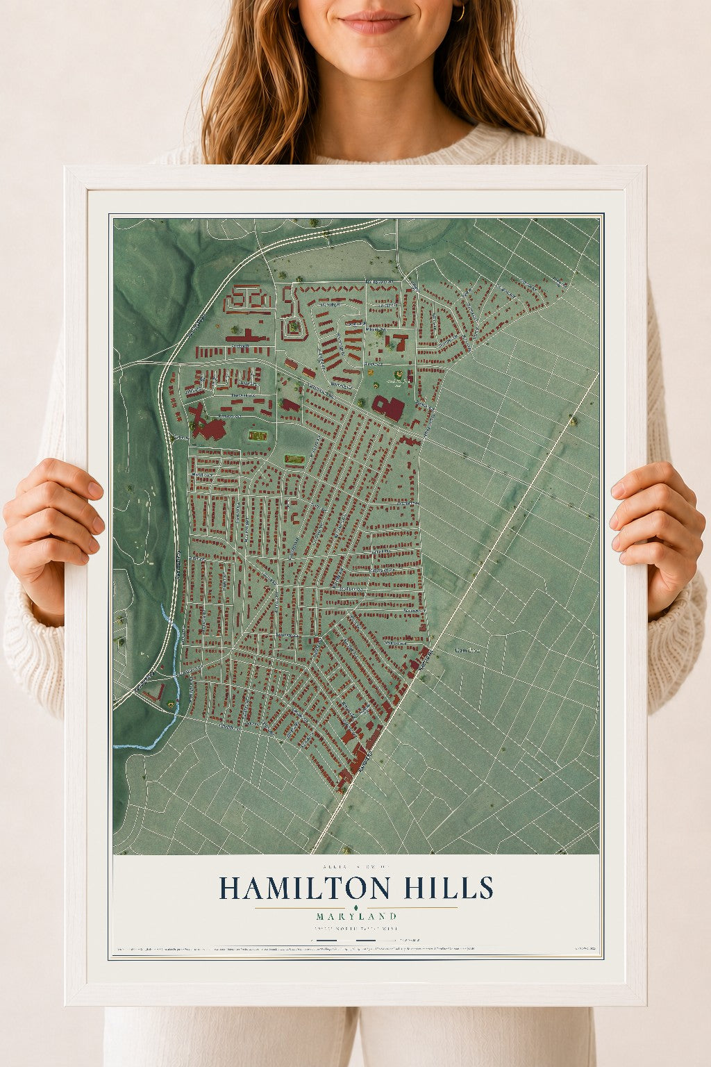 Map of Hamilton Hills, Maryland, 18 x 24 inch print in a white wood frame