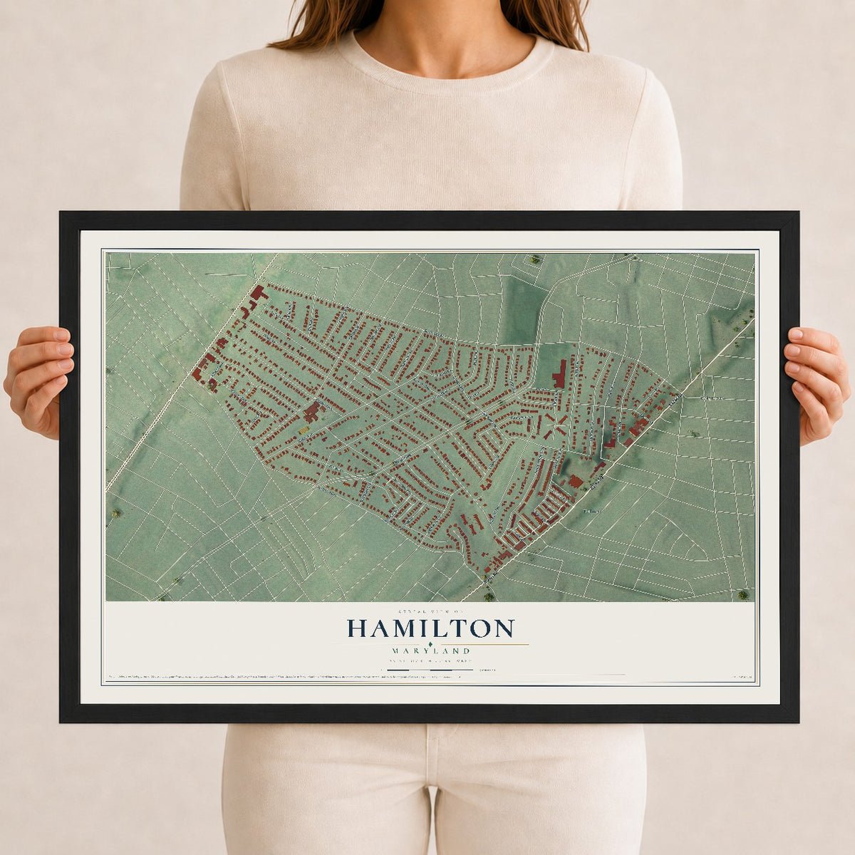 Map of Hamilton, Maryland, 12 x 18 inch print in a black wood frame