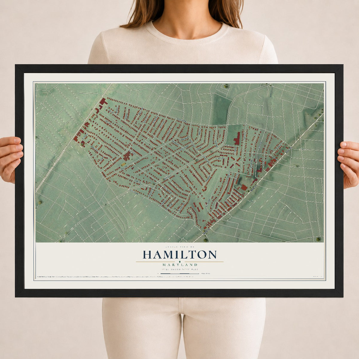 Map of Hamilton, Maryland, 18 x 24 inch print in a black wood frame