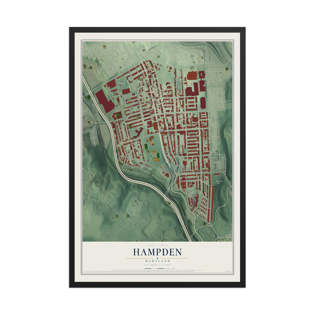 Map of Hampden, Maryland, 12 x 18 inch print in a black wood frame
