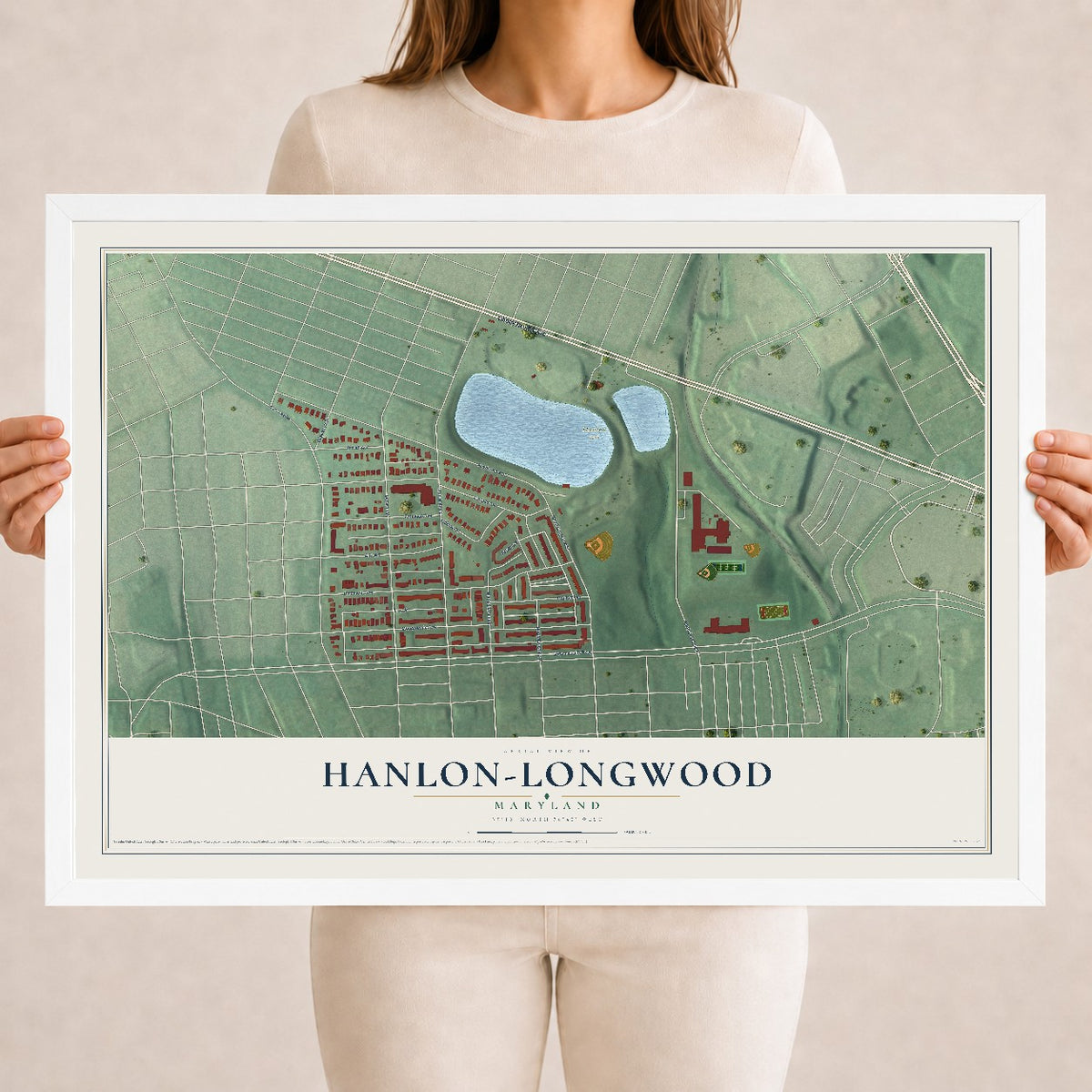 Map of Hanlon-Longwood, Maryland, 18 x 24 inch print in a white wood frame
