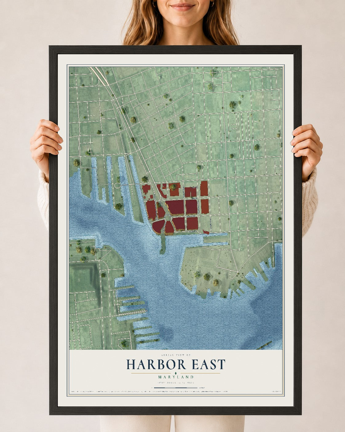 Map of Harbor East, Maryland, 24 x 36 inch print in a black wood frame