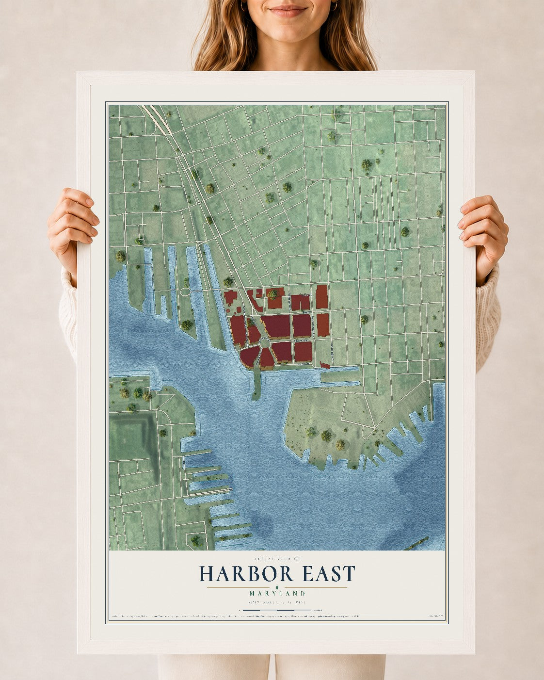 Map of Harbor East, Maryland, 24 x 36 inch print in a white wood frame