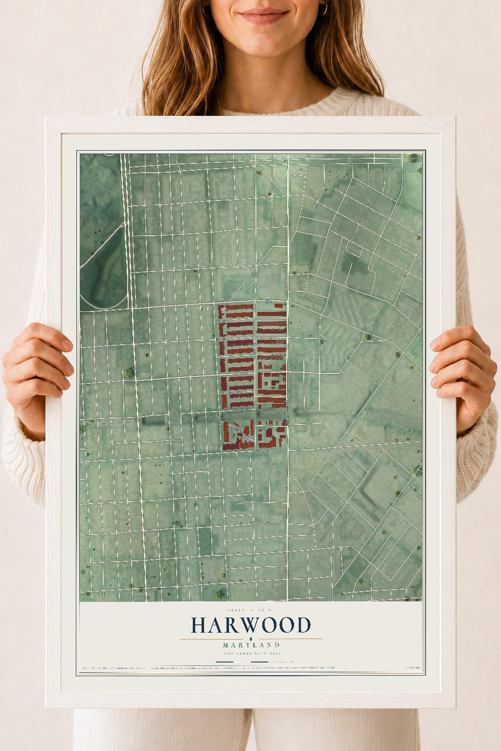 Map of Harwood, Maryland, 18 x 24 inch print in a white wood frame