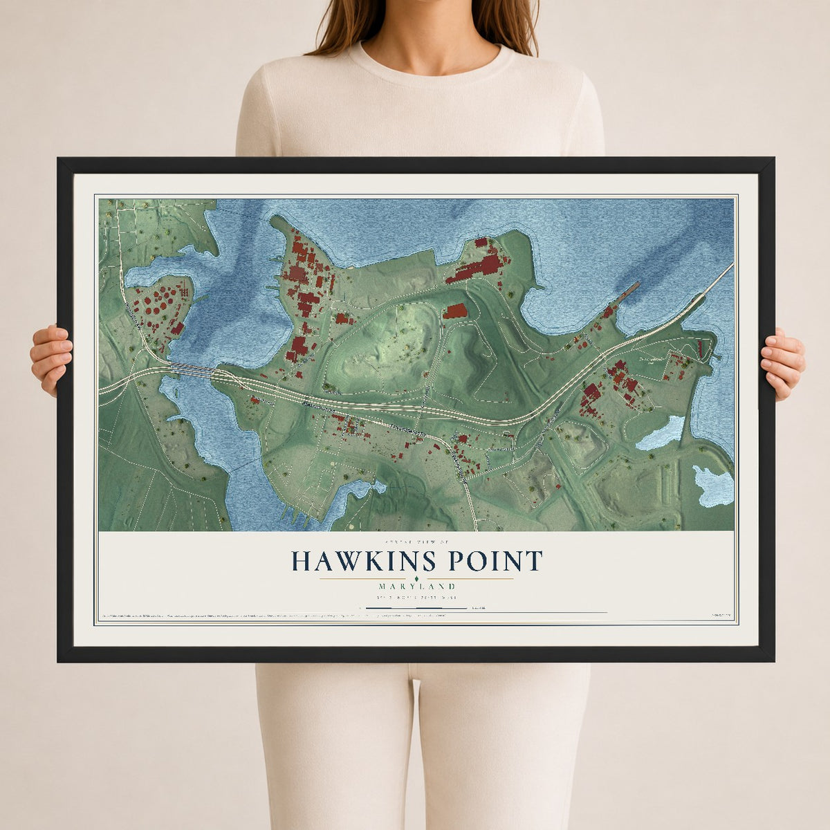 Map of Hawkins Point, Maryland, 24 x 36 inch print in a black wood frame
