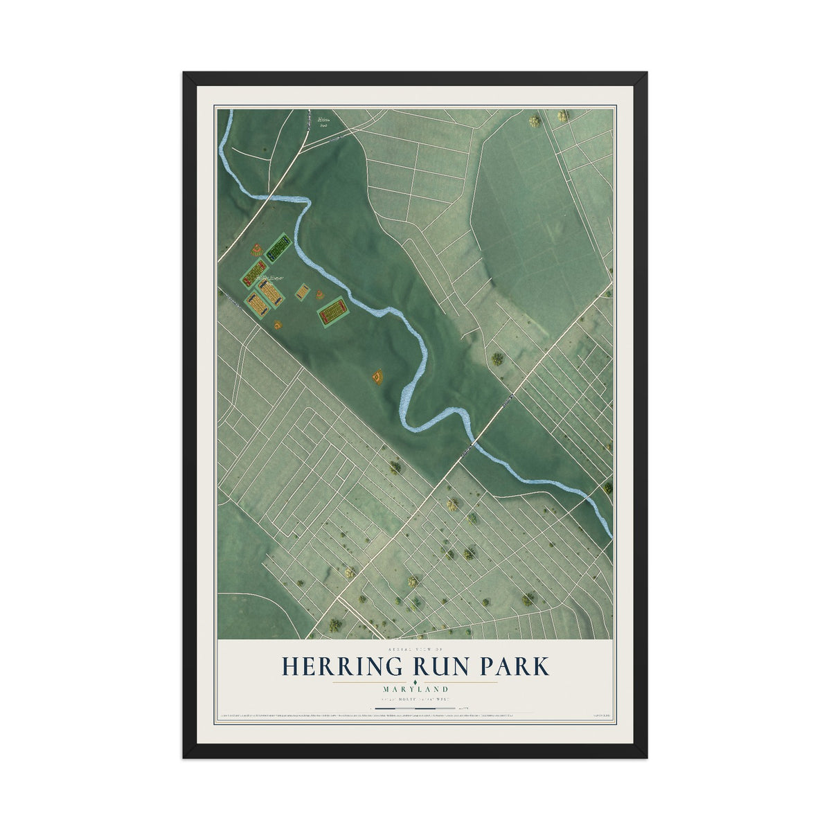 Map of Herring Run Park, Maryland, 12 x 18 inch print in a black wood frame