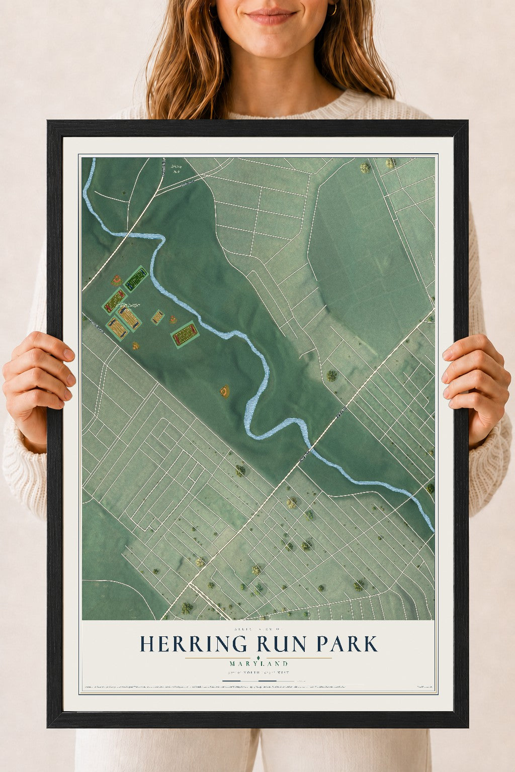 Map of Herring Run Park, Maryland, 18 x 24 inch print in a black wood frame