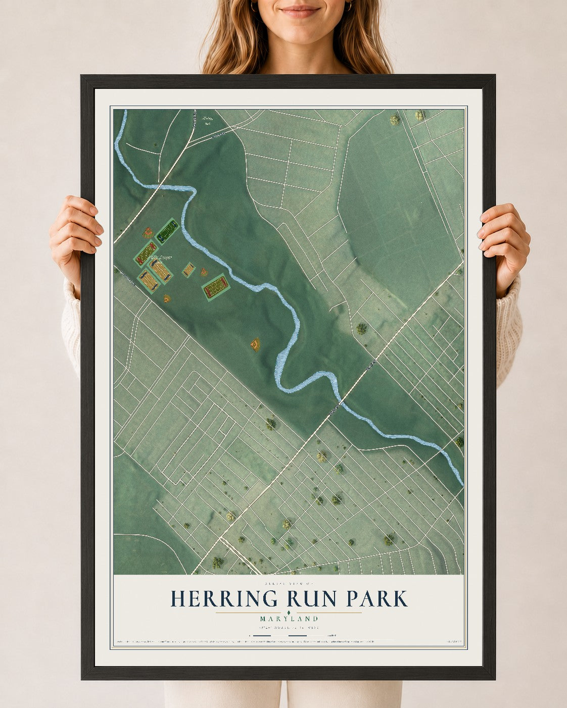 Map of Herring Run Park, Maryland, 24 x 36 inch print in a black wood frame