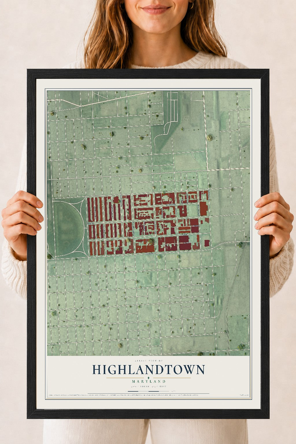 Map of Highlandtown, Maryland, 18 x 24 inch print in a black wood frame