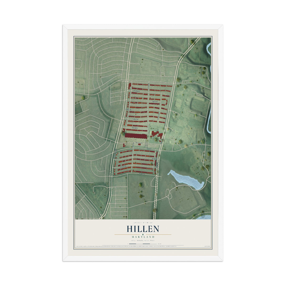 Map of Hillen, Maryland, 12 x 18 inch print in a white wood frame