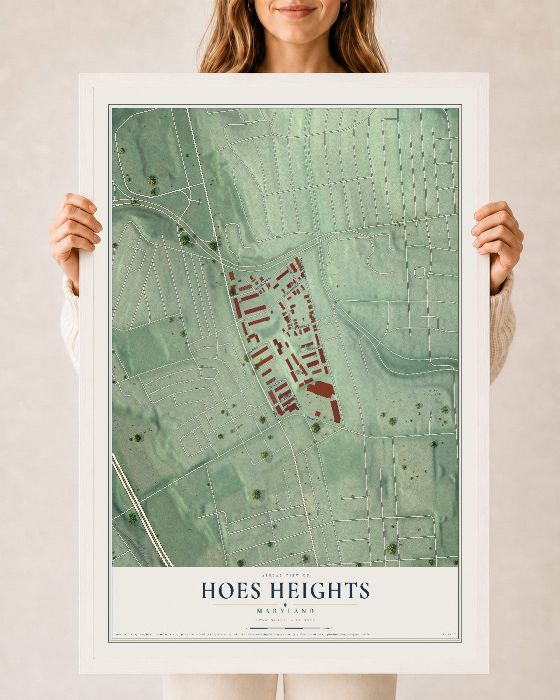 Map of Hoes Heights, Maryland, 24 x 36 inch print in a white wood frame