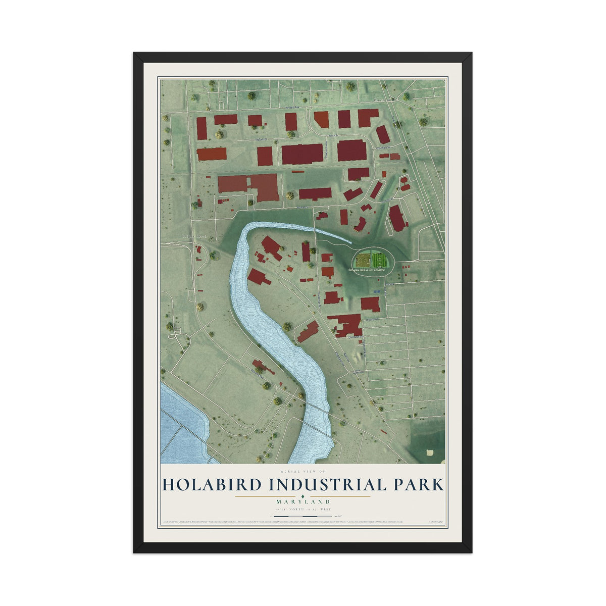Map of Holabird Industrial Park, Maryland, 12 x 18 inch print in a black wood frame