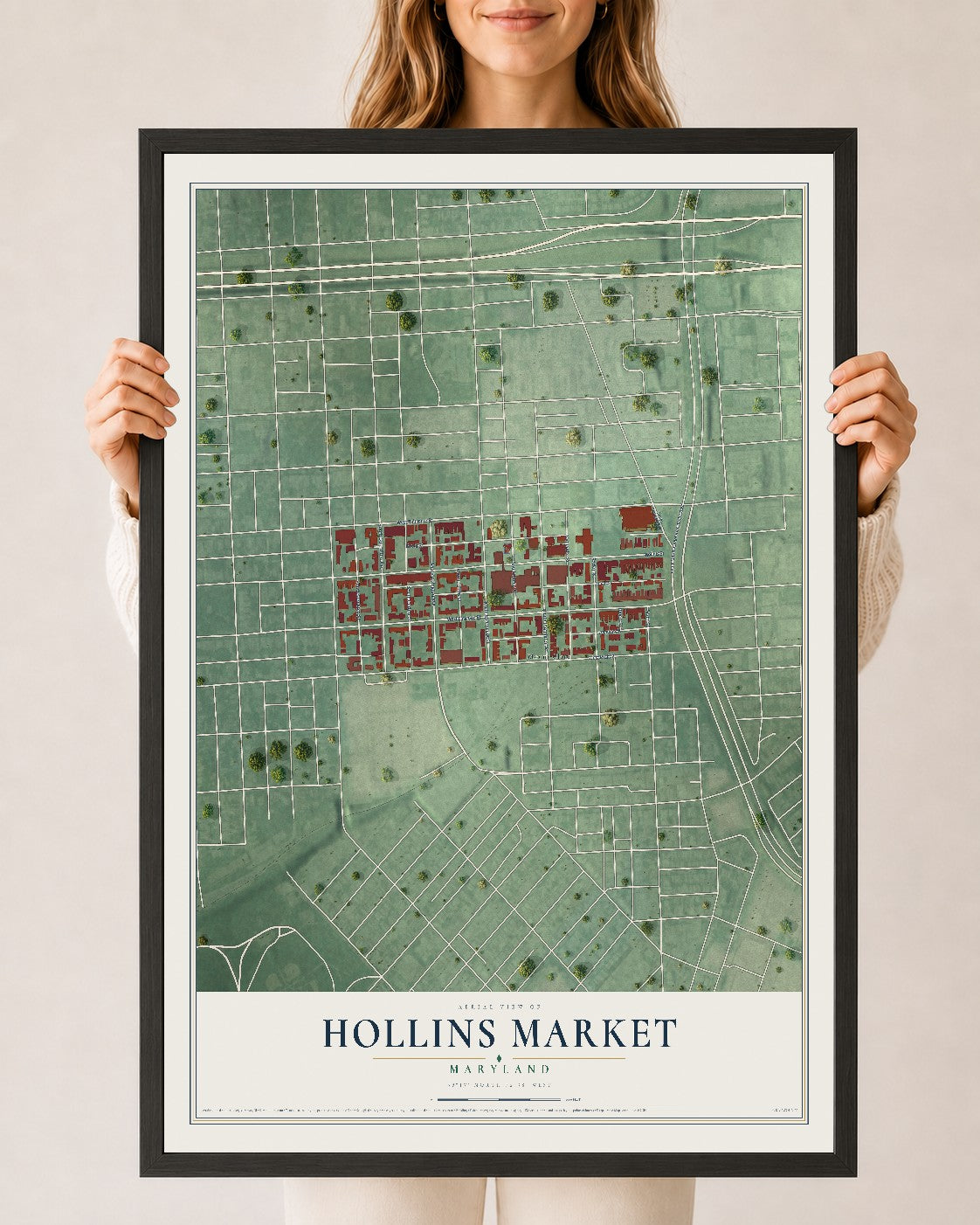 Map of Hollins Market, Maryland, 24 x 36 inch print in a black wood frame