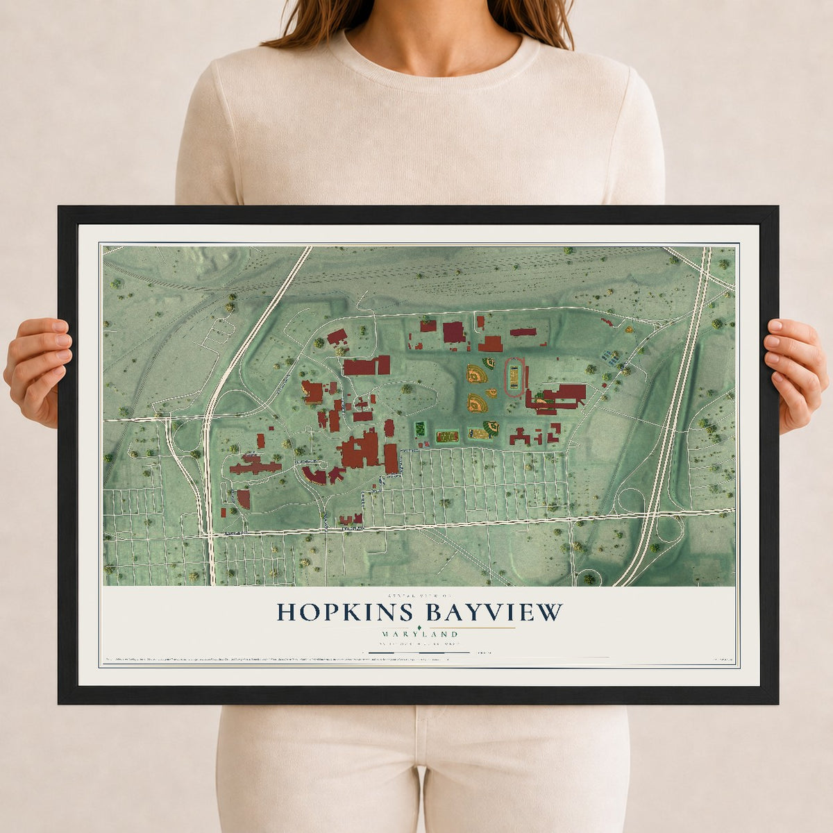 Map of Hopkins Bayview, Maryland, 12 x 18 inch print in a black wood frame