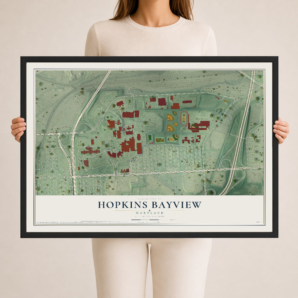 Map of Hopkins Bayview, Maryland, 24 x 36 inch print in a black wood frame