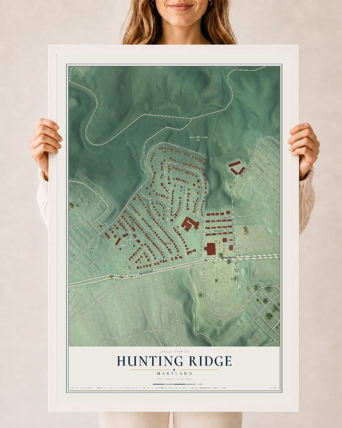 Map of Hunting Ridge, Maryland, 24 x 36 inch print in a white wood frame