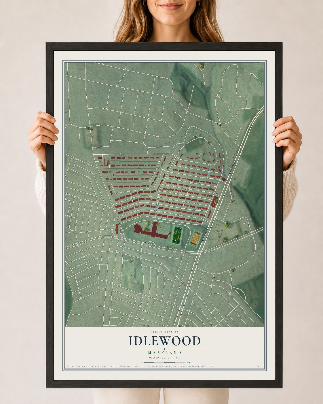 Map of Idlewood, Maryland, 24 x 36 inch print in a black wood frame
