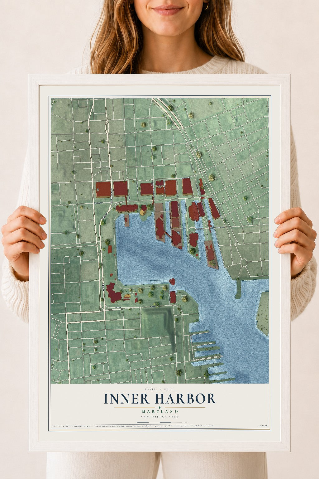 Map of Inner Harbor, Maryland, 18 x 24 inch print in a white wood frame