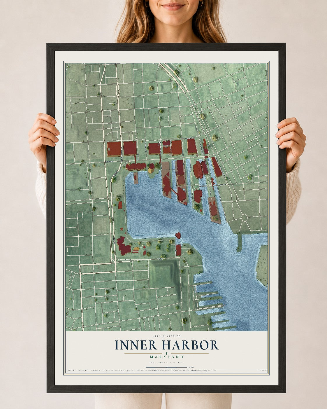 Map of Inner Harbor, Maryland, 24 x 36 inch print in a black wood frame