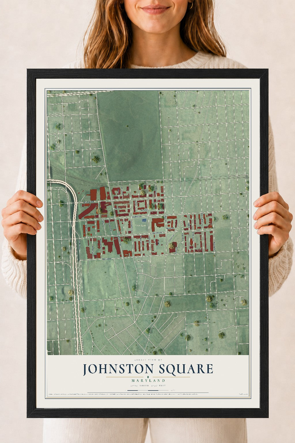 Map of Johnston Square, Maryland, 18 x 24 inch print in a black wood frame