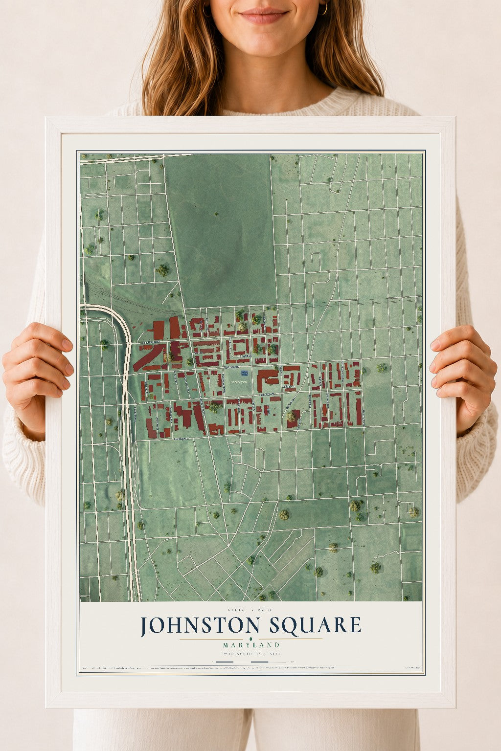 Map of Johnston Square, Maryland, 18 x 24 inch print in a white wood frame