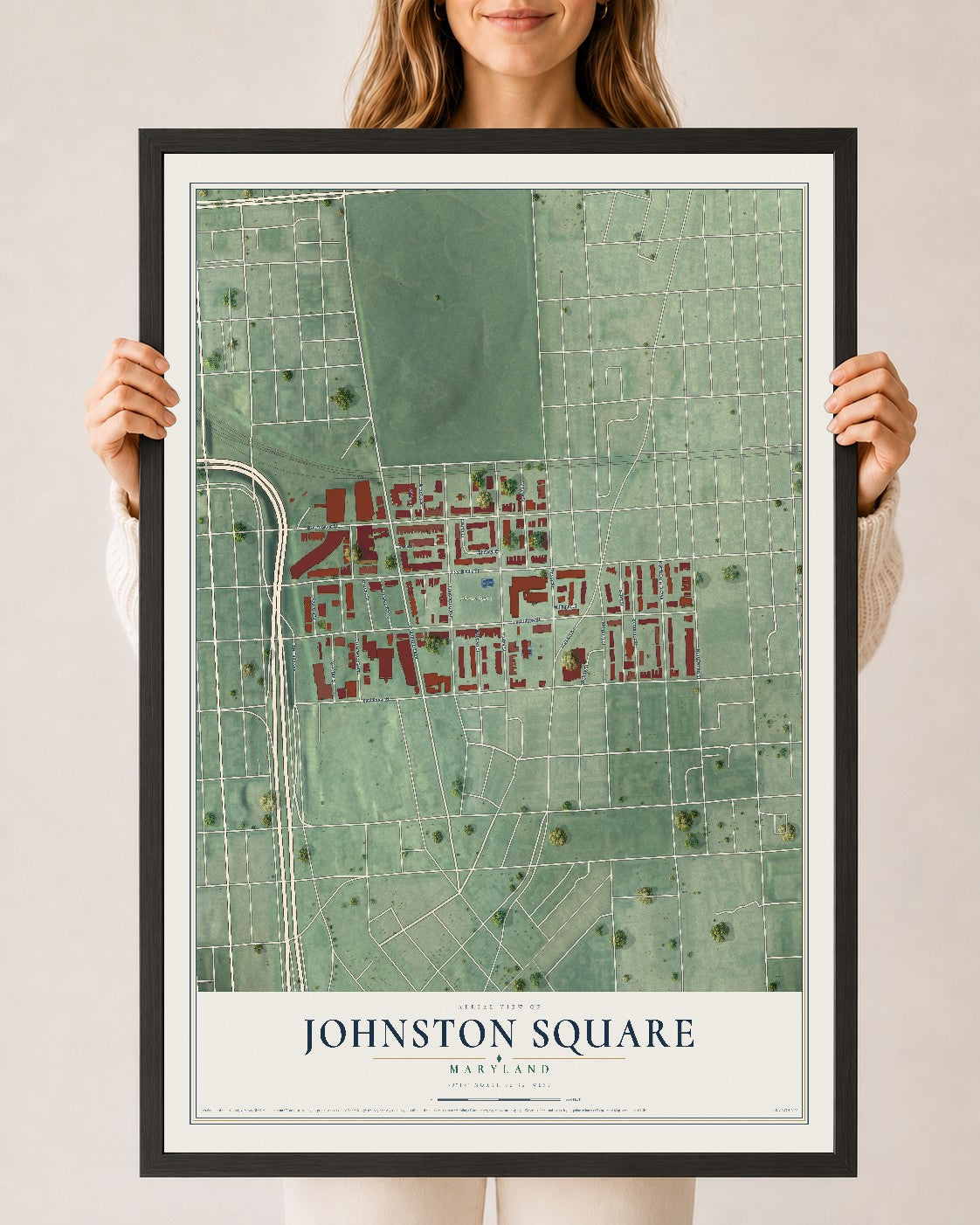 Map of Johnston Square, Maryland, 24 x 36 inch print in a black wood frame