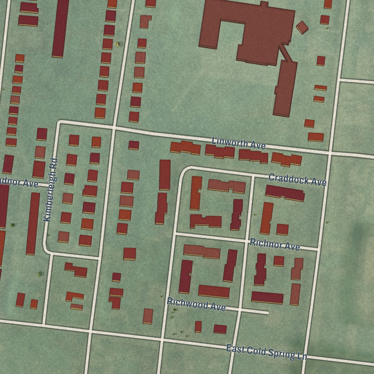 Close-up of the map of Kenilworth Park, Maryland print showing street and building detail
