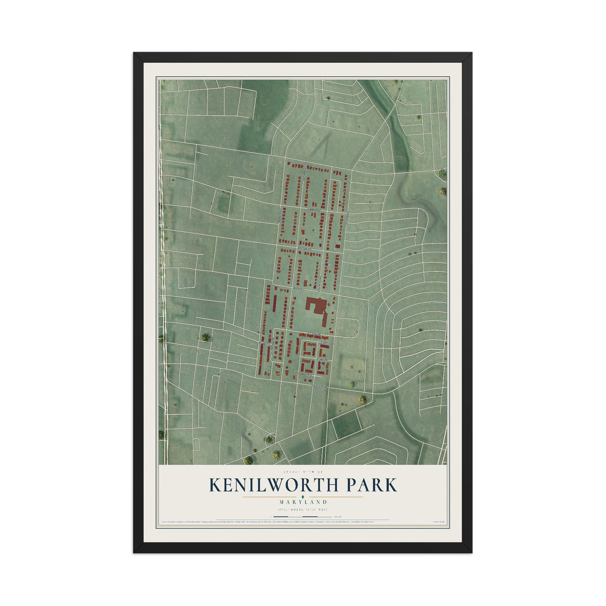 Map of Kenilworth Park, Maryland, 12 x 18 inch print in a black wood frame