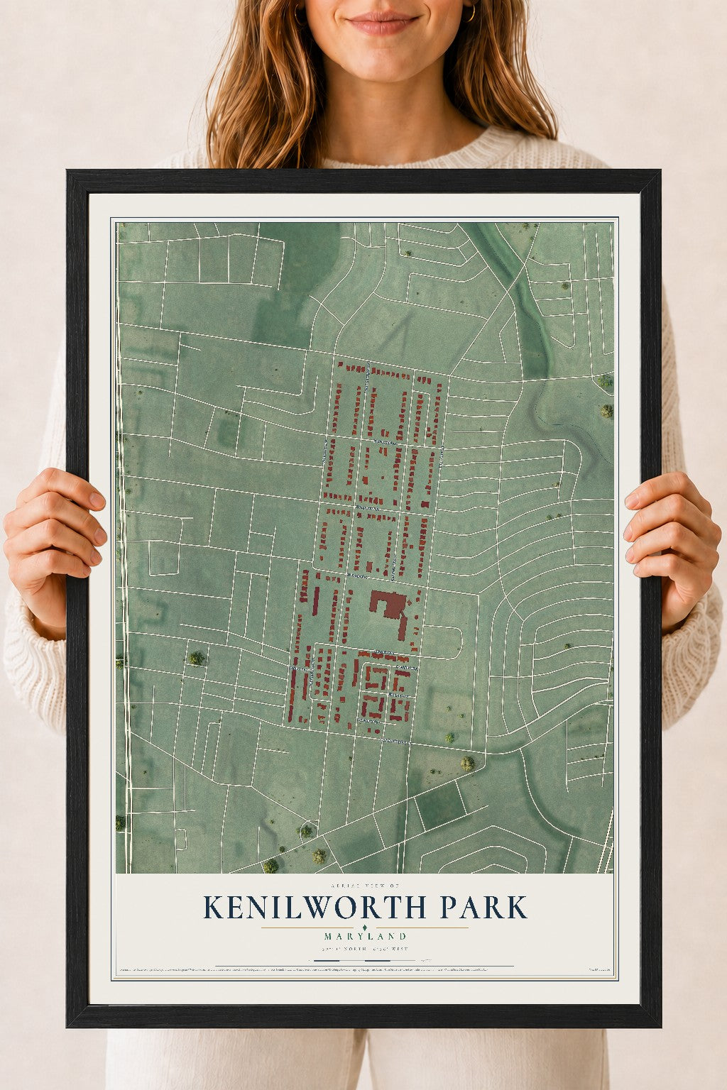 Map of Kenilworth Park, Maryland, 18 x 24 inch print in a black wood frame