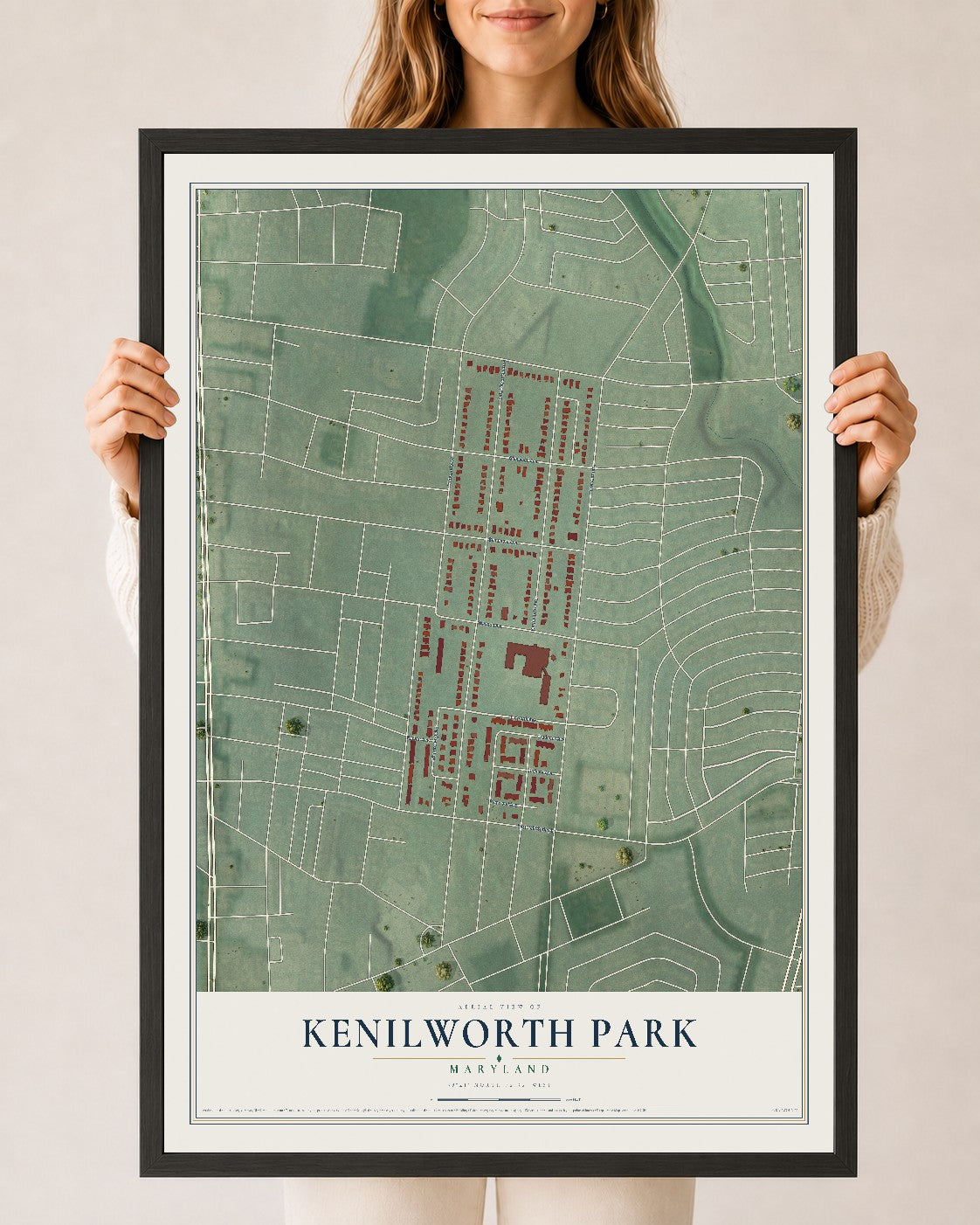 Map of Kenilworth Park, Maryland, 24 x 36 inch print in a black wood frame
